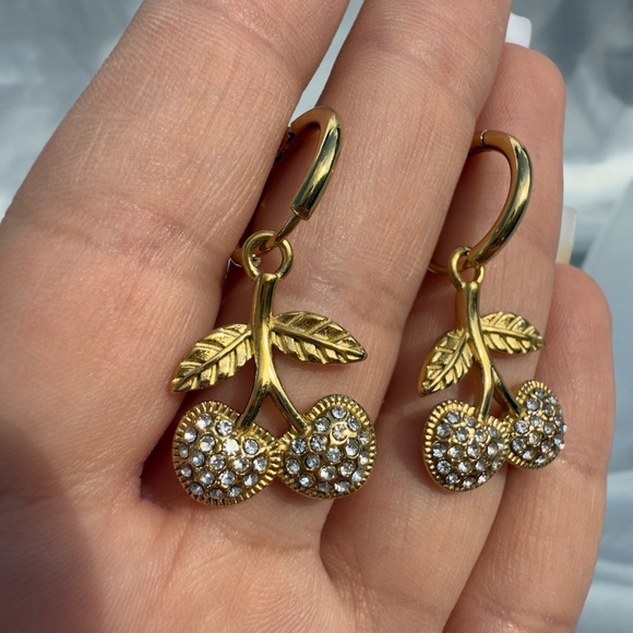 NEW NWT 2025 Gold Cherry Earrings with Crystals - Picture 5 of 8